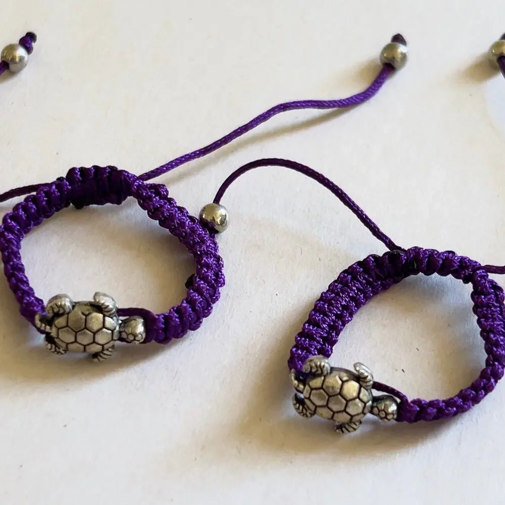 Turtle Purple Adjustable Bracelet Silver Tone Charm Children's Size Handmade